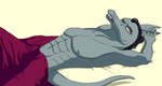 anthro bed casual_nudity furniture grey_body hair looking_at_viewer lying male muscular muscular_male nipples nude on_bed simple_background solo under_covers yellow_eyes unknown_artist disney star_vs._the_forces_of_evil toffee_(svtfoe) lizard reptile scalie