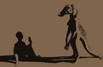 anthro breasts duo female female_anthro gesture looking_at_another male male/female shadow simple_background sitting sitting_on_ground spines tusks waving waving_hand meandraco human mammal monster hi_res