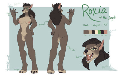 anthro claws fangs female genitals nipples simple_background solo teeth text toe_claws vulva redpixie blizzard_entertainment warcraft roxia_(dtjames) canid mammal werecanid werecreature worgen 2017 english_text flat_colors hi_res model_sheet