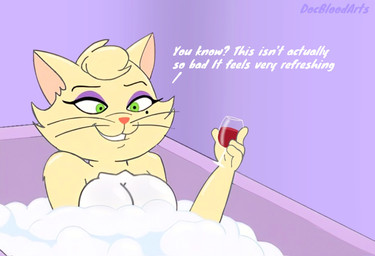 anthro bath bathing big_breasts breasts bubble_bath chest_tuft dialogue eyeshadow female fur green_eyes head_tuft makeup purple_background purple_eyeshadow simple_background smile solo text tuft whiskers white_body white_fur yellow_body yellow_fur dragoonboi06 krypto_the_superdog delilah_(dc) domestic_cat felid feline felis mammal 2025 artist_name digital_media_(artwork) english_text hi_res signature