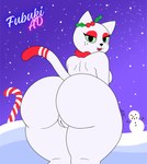 big_butt breasts butt candy candy_cane dessert female food freckles genitals green_eyes holidays looking_at_viewer looking_pleasured night open_mouth pussy rear_view smile snow snowing snowman solo tail white_body wide_hips wolfe_fubuki christmas junipurr domestic_cat felid feline felis mammal digital_media_(artwork) hi_res