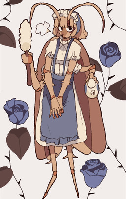 4_arms antennae_(anatomy) anthro apron biped blue_apron blue_clothing blue_flower brown_body brown_exoskeleton cleaning_tool clothed clothed_anthro clothed_female clothing dress exoskeleton feather_duster female flower hands_together holding_cleaning_tool holding_feather_duster holding_object holding_teapot looking_at_viewer maid_headdress multi_arm multi_limb plant solo standing teapot white_clothing white_dress hhonchkrow234 arthropod blattodean cockroach insect absurd_res full-length_portrait hi_res portrait