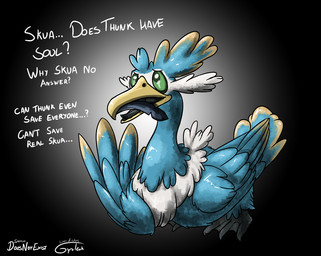 avian_feet beak blue_body existential_crisis facial_markings feathered_crest feathered_wings feathers feet feral green_eyes head_crest head_markings male markings mask_(marking) membrane_(anatomy) solo tail tail_feathers text toes webbed_feet white_markings wings yellow_markings doesnotexist gyrotech nintendo pokemon fan_character thunk_(gyro) avian cramorant generation_8_pokemon pokemon_(species) english_text