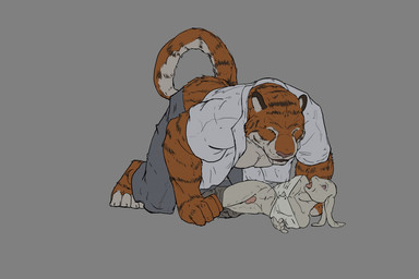 all_fours anthro anthro_on_anthro barefoot black_ears black_markings black_stripes bottomwear bottomwear_down butt claws clothed clothed_anthro clothed_male clothing dominant duo feet fingers forced forced_exposure forced_undressing fur genitals grey_background grey_bottomwear grey_clothing grey_pants imminent_rape imminent_sex interspecies larger_dom larger_male looking_at_another male male/male male_anthro markings multicolored_body multicolored_fur muscular muscular_anthro muscular_male navel open_clothing open_mouth open_shirt open_topwear orange_body orange_fur pants pants_down partially_clothed partially_clothed_anthro partially_clothed_male penis pink_penis pink_tongue predator/prey raised_tail scared shirt simple_background size_difference smaller_male smile striped_body striped_fur striped_markings striped_tail stripes tail tail_markings toeless_(marking) toes tongue topwear undressing undressing_another white_body white_clothing white_fur white_shirt white_toes white_topwear jeri_kleinlowe felid lagomorph leporid mammal pantherine rabbit tiger