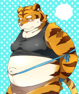 anthro barely_visible_genitalia barely_visible_penis belly blush clothing genitals kemono male navel outie_navel overweight overweight_male penis shirt solo topwear nikiciy felid mammal pantherine tiger 2015