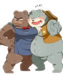 anthro apron blush brown_body clothing duo eyes_closed grey_body hat headgear headwear hug humanoid_hands kemono male musclegut muscular overweight overweight_male scar ma5ka4nai kumalino sanrio brew_(kumalino) roast_(kumalino) bear mammal 2023 hi_res