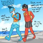 1:1 anthro anthrofied backpack beach clothed clothing dialogue duo english_text fuze gao_(fuze) generation_3_pokemon generation_7_pokemon hair hi_res lucas_(fuze) male marshtomp navel nintendo nipples pokemon pokemon_(species) pokemorph public sea seaside text topless torracat towel towel_only walking water