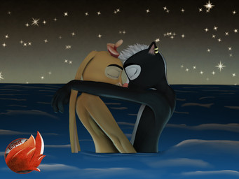 anthro clothed clothing duo ear_piercing ear_ring female interspecies male male/female night nose_to_nose nude piercing ring_piercing sea star topless water furexpert chickenhare_and_the_hamster_of_darkness n_wave_pictures netflix chickenhare meg_(chickenhare) avian bird chicken galliform lagomorph leporid mammal mephitid phasianid rabbit skunk 4:3 hi_res