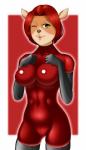 2019 absurd_res anthro aurora_(buffbumblebee) bangs big_breasts biped bodysuit breasts buffbumblebee cervine clothed clothing deer digital_drawing_(artwork) digital_media_(artwork) eyebrows eyelashes female fingers front_view fur gloves hair handwear hi_res latex legwear looking_at_viewer mammal one_eye_closed red_hair short_hair simple_background skinsuit smile solo standing stockings thigh_highs tight_clothing tongue tongue_out wink