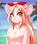 anthro blonde_hair breasts day female hair heterochromia multicolored_hair nipples nude outside palm_tree piercing plant red_hair smile solo tree two_tone_hair water dannyckoo tresertf peyton_clar mammal mouse murid murine rodent 2019 hi_res