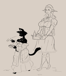 alchemist alchemy apprentice backstory big_breasts black_and_orange black_body black_fur bottomwear breasts clothing corset fantasy female fur lingerie lore overweight overweight_female size_difference skirt topwear sinfullapis bethesda_game_studios microsoft skyrim the_elder_scrolls tuna_nirnroot altmer elf felid high_elf khajiit mammal absurd_res hi_res monochrome