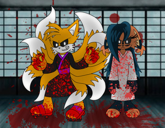 9_tails angry anthro asian_clothing big_breasts black_eyes black_hair black_nose blood bodily_fluids breasts brown_body claws clothed clothing creepy duo east_asian_clothing feet female fingers frown frowning_at_viewer fur glowing_pupils hair horror_(theme) inside japanese_architecture japanese_clothing kimono living_room looking_at_viewer male male/female markings multi_tail narrowed_eyes nightgown pupils simple_background smile smiling_at_viewer smirk smirking_at_viewer standing tail teeth topwear tuft white_pupils weebmochi69 archie_comics mythology sega sonic_the_hedgehog_(archie) sonic_the_hedgehog_(comics) sonic_the_hedgehog_(series) miles_prower nicole_the_lynx canid canine digital_creature felid feline fox ghost humanoid lynx mammal monster spirit absurd_res digital_drawing_(artwork) digital_media_(artwork) hi_res shaded