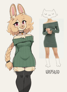 anthro biped blep braided_hair braided_ponytail breasts clothed clothed_anthro clothed_female clothing dress female front_view fur hair legwear looking_at_viewer ponytail simple_background smile solo standing thigh_highs tongue tongue_out waspsalad torpor_(waspsalad) domestic_cat felid feline felis lagomorph leporid mammal rabbit 2026 digital_drawing_(artwork) digital_media_(artwork) hi_res
