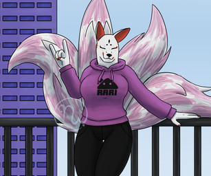 4_tails 5_fingers anthro bent_arm big_breasts black_bottomwear black_clothing black_markings black_nose black_pants blue_sky bottomwear breasts building clear_sky closed_smile clothed clothed_anthro clothed_female clothing colored_nails curvy_figure day devil_horns_(gesture) eyes_closed facial_markings female female_anthro fingernails fingers fully_clothed fully_clothed_anthro fully_clothed_female fur gesture hand_gesture head_markings hood_down hoodie light logo markings mouth_closed multi_tail multicolored_body multicolored_fur multicolored_tail nails no_eyebrows outside pants pink_tail purple_clothing purple_hoodie purple_topwear railing red_fingernails red_inner_ear red_markings red_nails sky skyscraper smile smiling_at_viewer solo standing tail text text_on_clothing text_on_hoodie text_on_topwear thick_thighs topwear white_tail window skywater kemuri_(game) kitsune_(kemuri) canid canine fox_spirit mammal spirit 2026 6:5 absurd_res adobe_photoshop_(artwork) artist_logo colored digital_drawing_(artwork) digital_media_(artwork) english_description hi_res lighting portrait shaded three-quarter_portrait