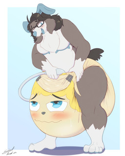 anthro belly_blush blush body_blush diaper diaper_inflation diaper_transformation duo eyewear female glasses hose male open_mouth open_smile slightly_chubby slightly_chubby_male smile standing steelshark crissy_(crissypoodle) stevie_(steviechu) animate_inanimate canid canine diaper_creature hybrid lagomorph mammal 4:5 absurd_res hi_res