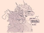 anthro barbel_(anatomy) beard big_fangs biped duo facial_hair fangs flesh_whiskers horn horn_jewelry horn_ring jewelry looking_aside male ring_(jewelry) speech_bubble teeth text sinnple mythology dragon eastern_dragon mythological_creature mythological_scalie scalie 2024 english_text hi_res