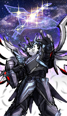 5_fingers :3 anthro armor black_armor black_clothing clothed clothed_anthro clothing constellation constellation_motif cowl dot_eyes feathered_wings feathers fingers flying full_armor fully_clothed fully_clothed_anthro fur galaxy gauntlets gesture gloves grus_(constellation) hand_gesture handwear headgear helmet looking_at_viewer male no_thoughts open_mouth pointing pointing_at_viewer pose shoulder_plates simple_eyes sky smoke solo star starry_sky white_body white_fur wings ebora ponos_corp. the_battle_cats supernova_cosmo avian bird crane_(bird) felid feline gruiform mammal 2025 detailed digital_drawing_(artwork) digital_media_(artwork) half-length_portrait hi_res portrait
