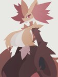 2023 3:4 absurd_res anthro big_breasts blush breast_curtains breasts canid canine chest_tuft delphox female frown fur generation_6_pokemon hi_res huge_breasts inner_ear_fluff looking_at_viewer mammal nintendo nyaswitchnya pokemon pokemon_(species) pupils red_body red_eyes red_fur simple_background solo tuft upper_body white_background white_body white_fur white_pupils yellow_body yellow_fur