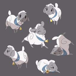 ambiguous_gender bell feral fur grey_background grey_body happy multiple_poses open_mouth pose quadruped short_tail simple_background solo tail white_body white_fur itsdanfango bovid caprine mammal sheep 1:1 2017