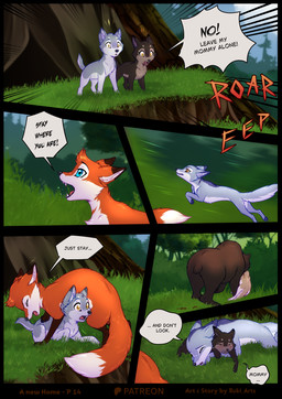 blue_body blue_eyes blue_fur dangerous death dialogue female feral fur hunting orange_body orange_fur outside text young rukifox ice_(rukifox) raya_(rukifox) riu_(rukifox) bear canid canine fox mammal red_fox true_fox comic english_text hi_res