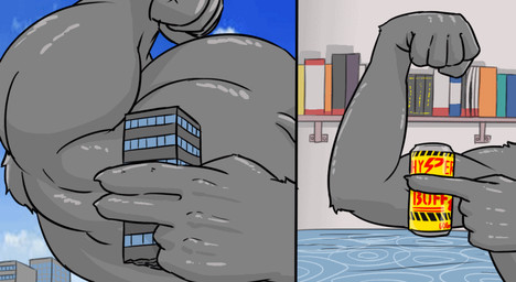 ambiguous_gender anthro book bookshelf building can city comparison container furniture growth holding_building holding_can holding_container holding_object hyper macro muscular solo vein longging ambiguous_species 2d_animation animated