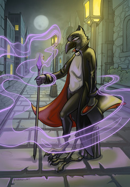 anthro architecture beak black_beak building clothed clothing cloud crystal feet fog hat headgear headwear leaning leaning_backward looking_down magic male moon night perspective solo staff standing stone_floor street_lamp talons toes stirren avian bird corvid corvus_(genus) crow oscine passerine hi_res