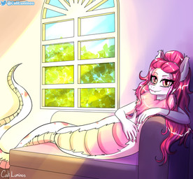 anthro apode chest_tuft female fingers fur furniture hair legless looking_at_viewer multicolored_eyes pink_hair serpentine sofa solo split_form tuft white_body white_fur caliluminos draconcopode lamia reptile scalie snake unknown_species absurd_res hi_res