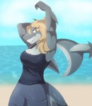 anthro athletic athletic_anthro athletic_female beach biceps big_breasts biped black_clothing black_shirt black_tank_top black_topwear blonde_hair bottomwear breasts clothed clothed_anthro clothed_female clothing cloud day female fin fingers grey_body grey_bottomwear grey_clothing grey_pants grey_scales hair humanoid_hands long_hair long_tail looking_at_viewer multicolored_body multicolored_scales non-mammal_breasts outside pants raised_arm sand scales sharp_teeth shirt smile solo standing tail tank_top teeth three-quarter_view toothy_grin topwear two_tone_body two_tone_scales water yellow_eyes veisz_stories cavemanon_studios snoot_game fan_character mariana_(megalovemania) fish marine shark 2024 absurd_res digital_media_(artwork) hi_res portrait shaded three-quarter_portrait