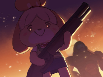 anthro armor cardigan clothing duo female floppy_ears gun hair headgear helmet looking_at_viewer male ranged_weapon shotgun smile super_shotgun weapon yellowpaint. animal_crossing doom_(series) id_software microsoft nintendo doom_slayer isabelle_(animal_crossing) canid canine canis domestic_dog human mammal 2020 4:3 crossover