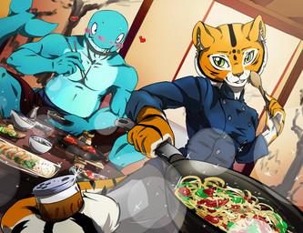 anthro blush bodily_fluids breasts clothing cooking duo dwarfism exposure_variation female food fur green_eyes grin larger_male love male muscular muscular_female satisfied size_difference smaller_female smile stripes sweat teeth fly-sky-high tales_of_the_ashes_(series) grimmoro_(character) lao_tian_(character) aquatic cetacean felid mammal pantherine physeteroid sperm_whale tiger toothed_whale whale 2016