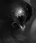 ambiguous_gender fangs feral horror_(theme) looking_at_viewer open_mouth sharp_teeth snout solo teeth twig raironu monster 2023 black_and_white monochrome