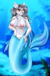 anthro big_breasts black_hair black_nose blue_body blue_scales blush breasts female fin fur genitals grey_body grey_fur hair long_hair navel nipples nude pussy scales solo split_form underwater water yellow_eyes mailner sandy_(jetphox) canid canine canis mammal marine merfolk wolf absurd_res hi_res