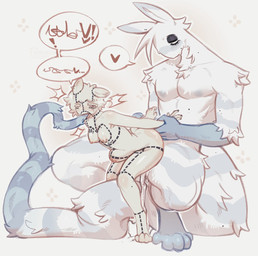 abdominal_bulge anthro blush bodily_fluids breasts cum cum_inside duo erection female female_penetrated fur genital_fluids genitals hair long_tail male male/female male_penetrating male_penetrating_female mouth_hold nipples nude open_mouth penetration penile penile_penetration penis_in_vagina sex shaking simple_background small_breasts tail tattoo tongue vaginal vaginal_penetration white_body yamorio domestic_cat felid feline felis lagomorph leporid mammal rabbit 2026 hi_res