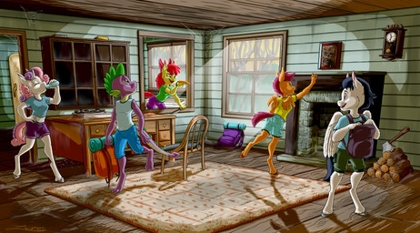 accessory anthro anthrofied back_wings backpack barefoot biped black_hair bottomwear bow_ribbon breasts claws clothed clothing countershade_face countershade_tail countershade_torso countershading creepy detailed_background digitigrade drinking eyes_closed feathered_wings feathers feet female food grey_body group hair hair_accessory hair_bow hair_ribbon hand_on_hip head_spikes holding_food holding_object hooves horn inside looking_at_another male multicolored_body multicolored_hair on_one_leg open_mouth open_smile orange_body plant purple_eyes purple_hair red_hair ribbons shirt shorts small_breasts smile spade_tail spikes spikes_(anatomy) standing tail tan_body tan_countershading tank_top teeth toe_claws tongue topwear tree two_tone_body unguligrade unicorn_horn white_body wings yellow_body young young_anthro young_female young_male zooshi evil_dead friendship_is_magic hasbro my_little_pony mythology apple_bloom_(mlp) cutie_mark_crusaders_(mlp) rumble_(mlp) scootaloo_(mlp) spike_(mlp) sweetie_belle_(mlp) dragon equid equine horse mammal mythological_creature mythological_equine mythological_scalie pegasus pony scalie unicorn 2025 absurd_res hi_res