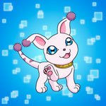 ambiguous_gender blue_background blue_eyes evolution evolution_(transformation) feral markings open_mouth pawpads pink_nose purple_markings ring simple_background smile solo tail tail_markings transformation white_body charlesdoodles bandai_namco digimon digimon_(species) gatomon hybrid salamon 1:1 hi_res