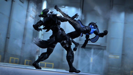 anthro black_body black_scales blue_body blue_fur duo expressive_mask female fight fur heterochromia kick kickboxing scales tactical_gear training conditional_dnp domi3d domi_(domi3d) emi_(domi3d) canid canine canis hybrid lagomorph leporid mammal rabbit wolf 16:9 3d_(artwork) 4k absurd_res digital_media_(artwork) hi_res source_filmmaker_(artwork) widescreen