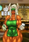 animal_ears animal_humanoid apron apron_only areola areola_slip beverage big_breasts blush blush_lines breasts brown_areola butt_from_the_front cleavage clothed clothing dark_body dark_skin dialogue english_text eyelashes female franchico1994 fur gloves green_apron green_clothing hair handwear hat headgear headwear hi_res holding_beverage holding_marker holding_object huge_breasts humanoid i_mean_breast_milk lagomorph lagomorph_humanoid leporid_humanoid long_hair mammal mammal_humanoid meme muscular muscular_female my_hero_academia nipple_outline open_mouth ponytail rabbit_humanoid red_eyes rumi_usagiyama solo speech_bubble text thick_thighs visor_cap white_body white_clothing white_fur white_gloves white_hair white_handwear wide_hips