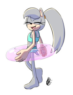 anthro clothing eyes_closed feet female fur grey_body grey_fur hair inflatable laugh ponytail pool_float solo swimwear thin_calves thin_legs thin_thighs innotsu sega sonic_the_hedgehog_(series) fan_character inno_(innotsu) eulipotyphlan hedgehog humanoid mammal
