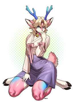 5_fingers anthro antlers biped bottomwear clothed clothed_anthro clothed_female clothing collar female fingers front_view fully_clothed fully_clothed_anthro fully_clothed_female fur hair hooves horn kneeling simple_background smile solo tail topwear wide_hips pgm300 deer mammal 2026 absurd_res digital_drawing_(artwork) digital_media_(artwork) hi_res