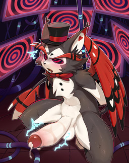 anthro big_penis biped black_body black_fur black_sclera bodily_fluids bow_tie clothing crouching electronics erection feathered_wings feathers foreskin fur genitals hands_behind_back hat headgear headwear huge_penis humanoid_genitalia humanoid_penis hypnosis hypnotic_screen male mind_control monitor nude_anthro nude_male orange_eyes penis red_bow_tie sharp_teeth slim_anthro slim_male slim_sub solo submissive submissive_anthro submissive_male sweat sweatdrop teeth tied_to_pole white_body white_fur wings witch_hat knptiii hazbin_hotel hellaverse husk_(hazbin_hotel) domestic_cat felid feline felis mammal 2026 absurd_res hi_res