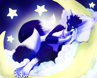 anthro breasts cloud cosmic_fur dipstick_ears dipstick_tail ear_markings eyelashes eyes_closed featureless_breasts female fur gloves_(marking) jewelry laying_on_pillow leg_markings lying markings moon multi_tail multicolored_body multicolored_ears multicolored_fur necklace night nude nude_anthro on_cloud on_side paws pillow purple_body purple_fur sleeping socks_(marking) solo star tail tail_markings text two_tone_body two_tone_fur white_body white_eyelids white_fur adrenalineart tanti canid canine fox mammal 5:4 artist_name digital_media_(artwork) full-length_portrait hi_res portrait signature watermark