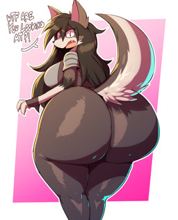 anthro big_breasts big_butt bottomless breasts brown_hair butt clothed clothing countershade_face countershade_tail countershading embarrased_female embarrassed fangs female gloves gloves_(marking) hair handwear huge_butt huge_hips hyper hyper_butt hyper_hips jacket long_hair markings open_mouth raised_tail rear_view red_eyes side_boob solo tail talking_to_viewer teeth thick_thighs tomboy topwear wide_hips trinity-fate62 koni_(els3d) canid canine canis mammal wolf 2023 absurd_res digital_drawing_(artwork) digital_media_(artwork) hi_res