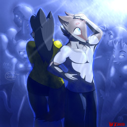 anthro blush blush_lines female group herm intersex male nightclub monkeyxflash canid canine canis coyote domestic_dog human husky mammal nordic_sled_dog spitz 1:1