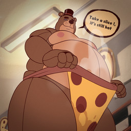 anthro belly clothing food hat headgear headwear jockstrap low-angle_view male moobs musk musky_balls overweight overweight_male pizza solo stain stained_clothing stained_underwear top_hat underwear stimkypup five_nights_at_freddy's scottgames freddy_(fnaf) 1:1 absurd_res hi_res
