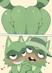 anthro ass_to_ass backsack balls big_butt blush butt clothing duo fur genitals green_body green_fur hat hat_only headgear headgear_only headwear headwear_only heart_eyes heart_symbol looking_at_viewer male male/male mostly_nude nude umisag85rabb99 happy_tree_friends lifty_(htf) shifty_(htf) mammal procyonid raccoon 2022 absurd_res hi_res brother_(lore) brothers_(lore) sibling_(lore)