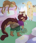air_puff anthro baby_powder backpack band-aid bandage bending_down bent_over bottomwear breath brown_body brown_fur brown_hair clothing diaper diaper_peekage exposed_diaper feces full_diaper fur green_bottomwear green_clothing green_eyes green_pants hair half-closed_eyes horn long_tail male narrowed_eyes nursery pants pooping purple_clothing purple_shirt purple_topwear reaching_down relieved shirt soiled_diaper soiling soiling_diaper solo tail tail_mane toddler topwear unclean_diaper used_diaper using_diaper young young_anthro young_male padded_panda mythology starbuck dragon furred_dragon furred_scalie mythological_creature mythological_scalie scalie hi_res
