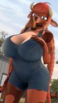 anthro big_breasts blue_eyes braided_pigtails breasts cleavage clothed clothing female hair horn huge_breasts lidded_eyes long_tongue mature_female outside overalls pigtails red_hair revamped_anthros shortalls slightly_chubby slightly_chubby_female solo tongue tongue_out donglysfm freya_(donglysfm) bovid bovine cattle mammal 3d_(artwork) 4k 9:16 absurd_res digital_media_(artwork) hi_res source_filmmaker_(artwork)