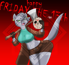 anthro axe clothed clothing coat cosplay female hockey_mask mask raised_tail red_background simple_background skimpy solo sports_mask sportswear tail text_in_background topwear diamond_grenadier brand_new_animal friday_the_13th friday_the_13th_(series) studio_trigger jason_voorhees marie_itami mammal mink mustelid musteline true_musteline distracting_watermark hi_res watermark