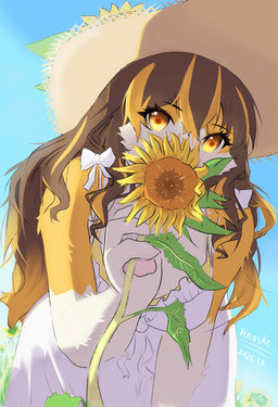 anthro big_breasts black_eyebrows bow_ribbon bra breasts brown_eyes brown_hair clothing dress eyebrow_through_hair eyebrows female flower fur furgonomic_hat furgonomic_headwear furgonomics hair hat headgear headwear long_hair looking_at_viewer multicolored_body multicolored_fur multicolored_hair orange_body orange_fur orange_hair plant simple_background sky solo sun_hat sunflower translucent translucent_hair underwear white_body white_clothing white_dress white_fur yellow_bra yellow_clothing yellow_underwear hnuske chunithm chunithm_luminous sega sega_fave inuhiro_mimimi canid canine canis domestic_dog mammal 2026 dated hi_res portrait signature three-quarter_portrait