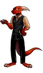 absurd_res anthro bottomwear claws clothing collared_shirt dragon effarreturns european_mythology hand_on_hip hi_res horn male mythological_creature mythological_scalie mythology pants pawpads red_dragon scalie simple_background solo tail topwear vest western_dragon white_background xaldin